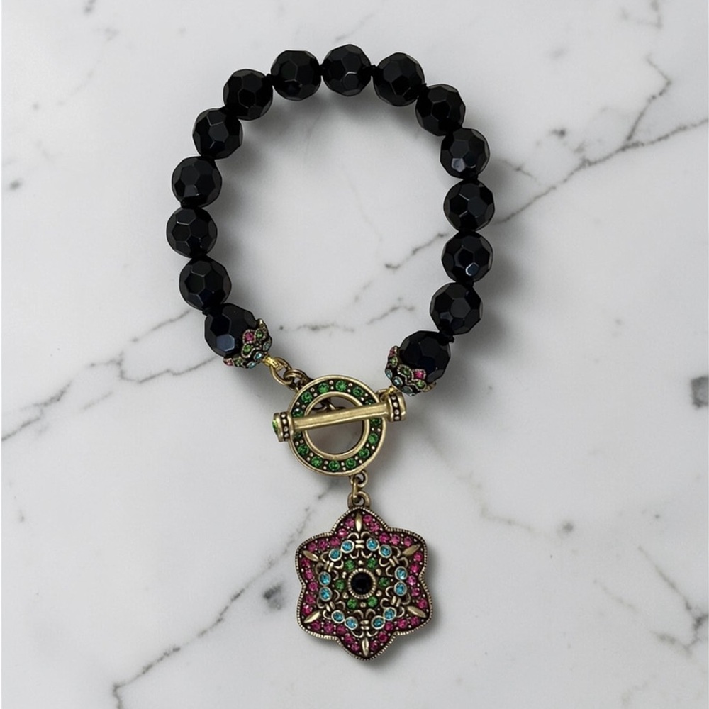 Heidi Daus Crystal Mandala Toggle Bracelet Black Faceted Beads Signed - Picture 2 of 6